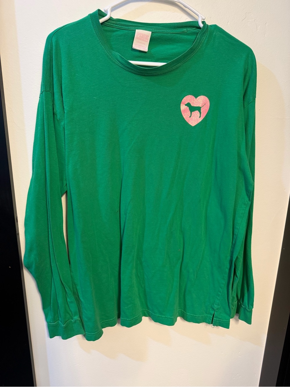 PINK Victoria's Secret Green Long-Sleeve Tee with Pink Heart Dog Graphic